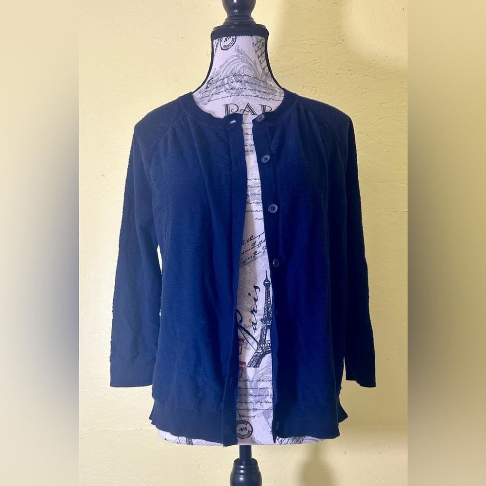 LOFT 3/4 Sleeve Cotton Knit Cardigan, Dark Navy Blue, Large - Picture 3 of 7